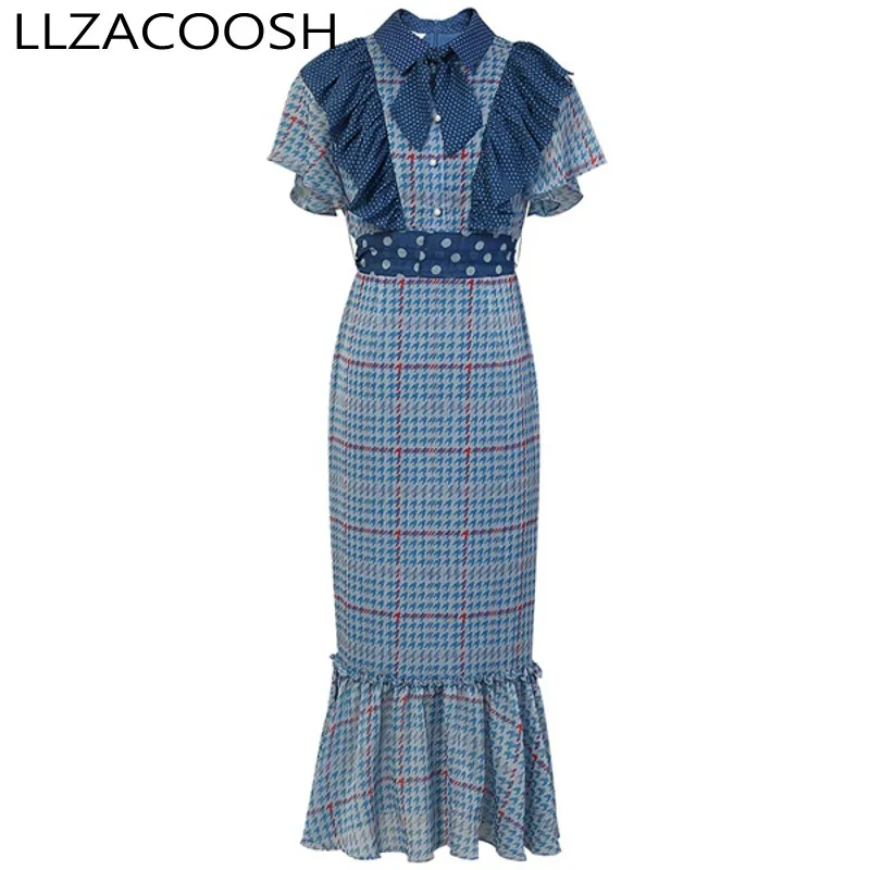 

Runway New fashion Blue plaid Printed Dress Chiffon Casual Summer short Sleeve Ruffles Women Holiday Mermaid Midi Dress Vestidos