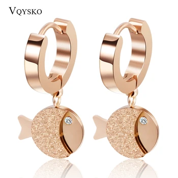 

New titanium steel fish stud earring rose gold Color simple fashion Scrub crystal earrings for women