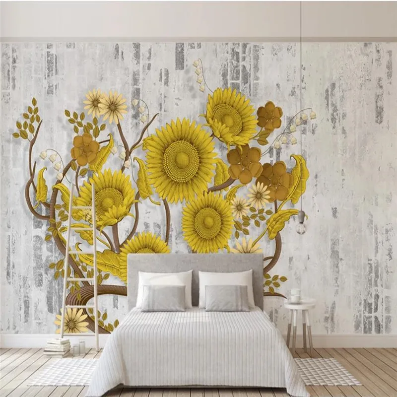 

Custom wallpaper retro brick wall fashion sunflower flower TV background wall home decoration art painting