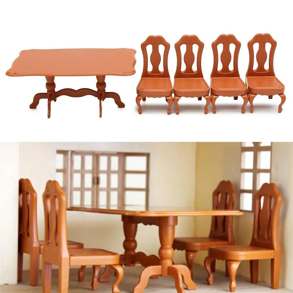 

5Pcs/Set Mini Dollhouse Furniture Dining Table Chair Model Toy Scenery Accessory