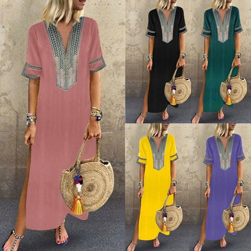 2019 Vintage Women Maxi Dress Plus Size Short Sleeves V-Neck Loose Robe Dresses Vestidos Ladies Side Split Long Boho Dresses