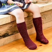 Осень-зима Винтаж блеск для девочек носки для детей От 3 до 11 лет одноцветное детский хлопковый теплый Сияющий до середины икры школьные 7 цветов