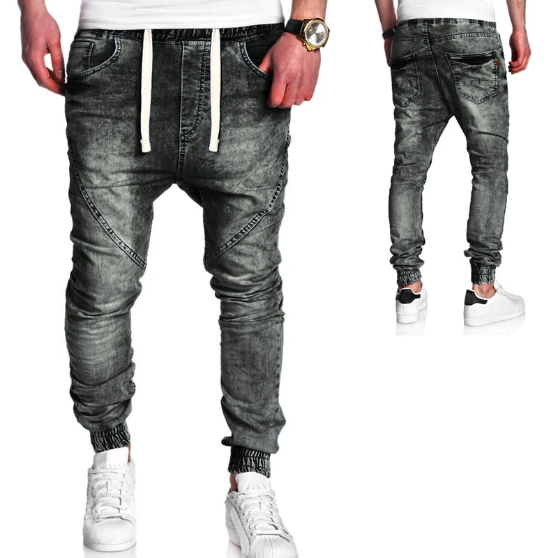 Для мужчин зауженные Slim Fit Stretch джинсы джинсовые узкие брюки шнурок штаны