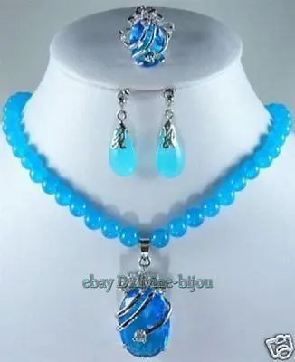 

Charming blue jade zircon pendant necklace earrings ring 8# set AAA style 100% Natural jade Noble Fine jewe