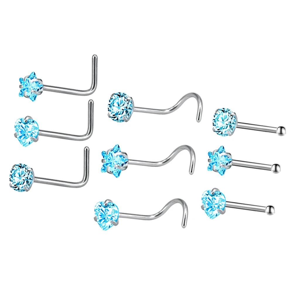 MagiDeal 9 Pieces Stainless Steel Zircon Crystal Screw Curved Nose Ring Studs Ear Body Piercing Jewelry 20G