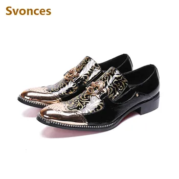 

New Arrivals Mens Dress Shoes Bling Patent Leather Pattern Designer Gold Metal Toe Flats Brand Gentleman Dressing Loafers Man
