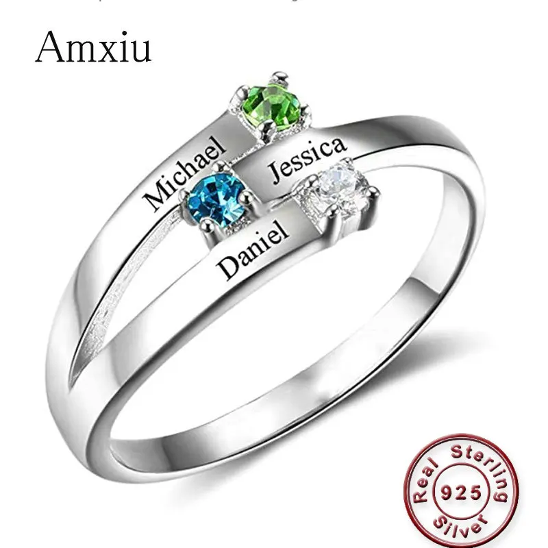 

Amxiu Custom 100% 925 Sterling Silver Ring Engrave Three Names with Birthstones Rings For Mother's Day Women Party Birthday Gift