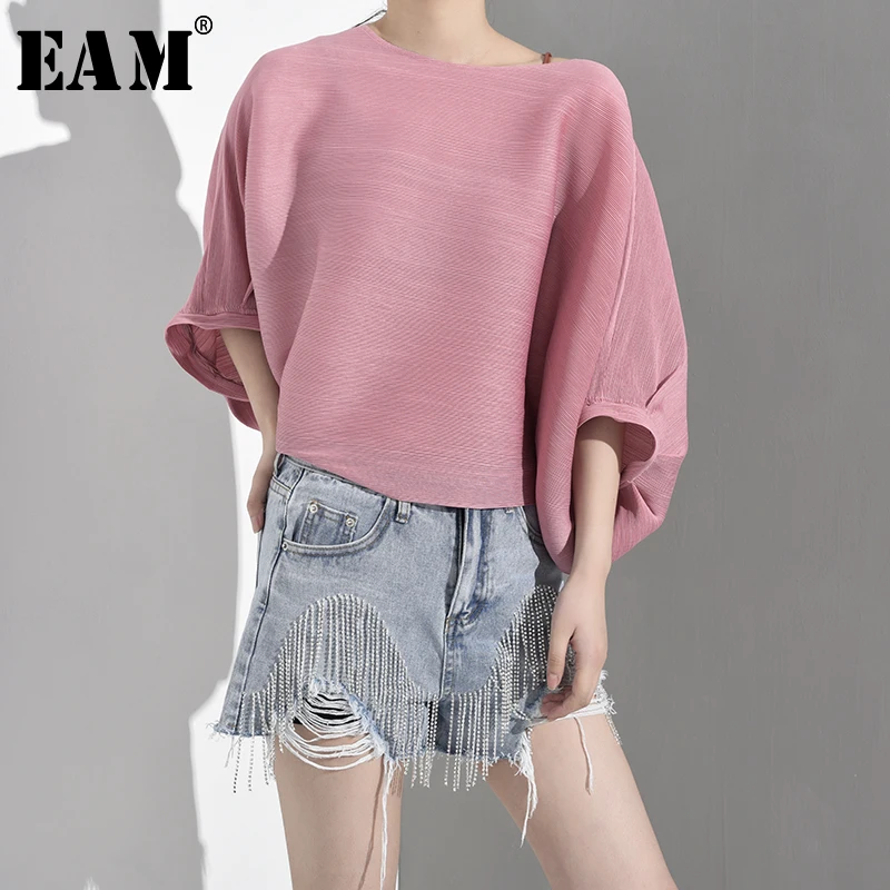 

[EAM] 2019 New Spring Summer Round Neck Three-quarter Sleeve Black Loose Big Size Pleated T-shirt Women Fashion Tide YE1120