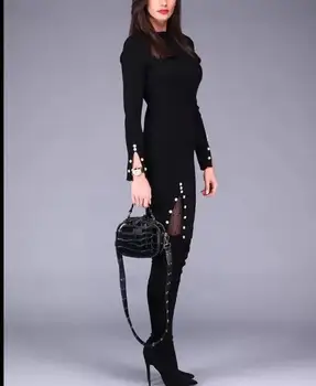 

Bandage Black Long Sleeve Dress Celebrity Elegant Night Club Fashoin Slit Bodycon Evening Party Dresses