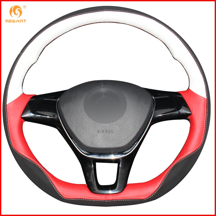 Mewant White Red Genuine Leather Black Suede Steering Wheel Cover For