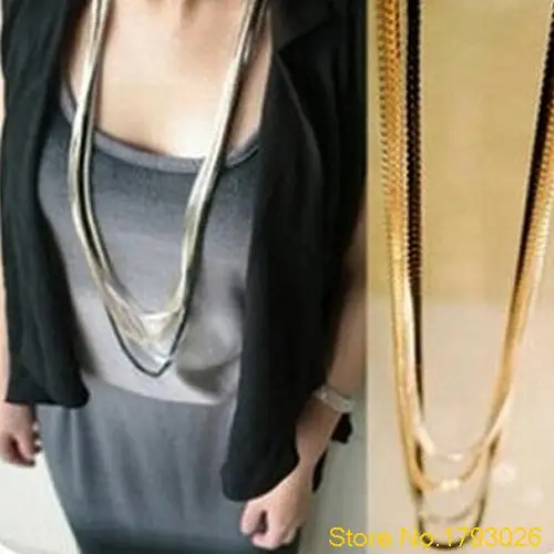 Женская Винтаж Панк Multi-color 4 Слоя Металлической Цепью Ожерелье Долго Neckalce для