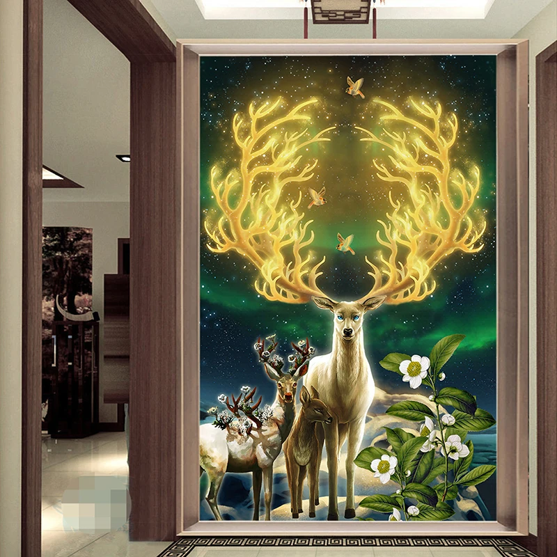 

Custom Photo Wallpaper Hand-painted Star Sky Golden Elk Entrance Background Wall Murals Living Room Bedroom Mural De Parede 3D
