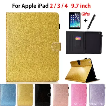 

Glitter Case For Apple iPad 2 3 4 Cover Funda Tablet Silicone PU Leather For iPad2 iPad3 iPad4 Stand Skin Shell +Stylus+film