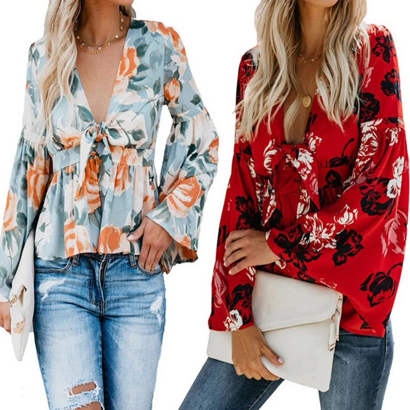 Spring Summer Blouse For Women Chiffon Floral Print Bow V-Neck Flare Sleeve High Waist Blouses Tops |