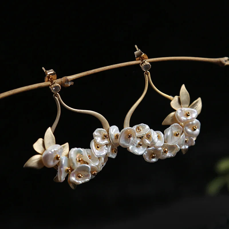 

s925 sterling silver baroque pearls inlaid natural love fashion Bohemia national wind stud earrings new fashion jewelry