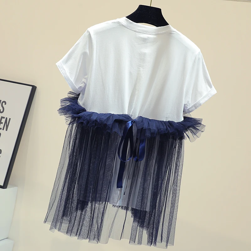 Gauze Patchwork Faux Two Piece Short Sleeve