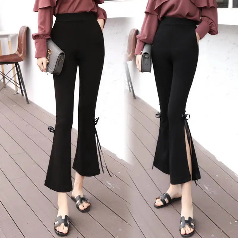 

Fashion Flared Pants Side Slit Split Calf Length Elastic Waist Fabric Pants Female Pants Size 3XL New Spring Women PP03