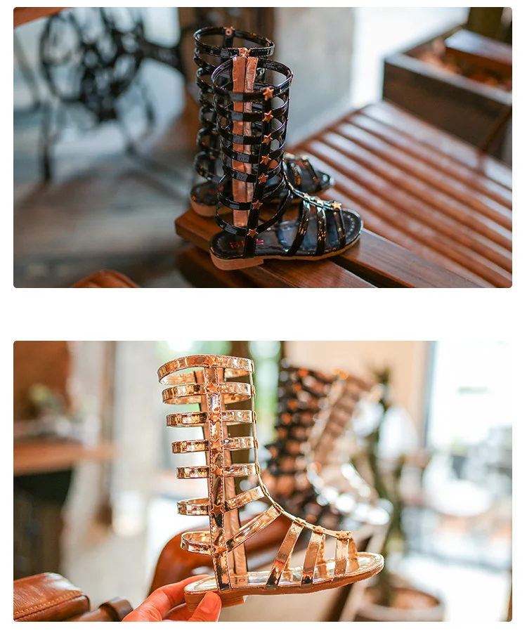 Летние римские высокие сапоги сандалии детские сандалии для девочек Сандалии-гладиаторы Потрясающие ботинки модные блестящие дети с