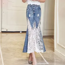Весенняя летняя модная облегающая длинная джинсовая юбка в стиле русалки с высокой талией Женская кружевная юбка F140