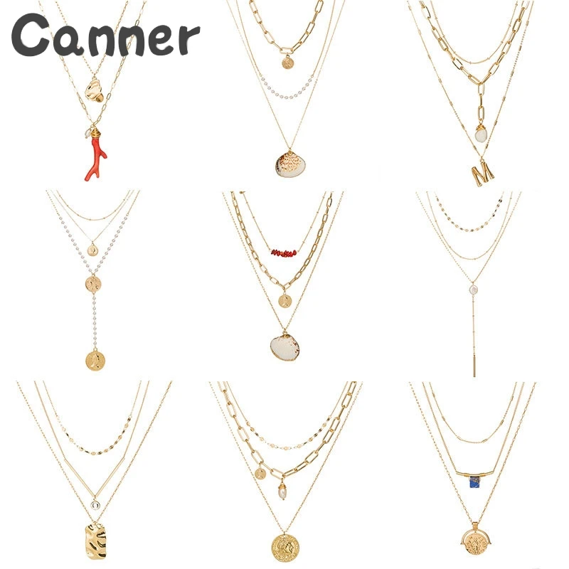 Ожерелье Canner из жемчуга каури для женщин, колье из хрустальных бусин, многослойное ожерелье с цепочкой, массивные ювелирные изделия, колье A40