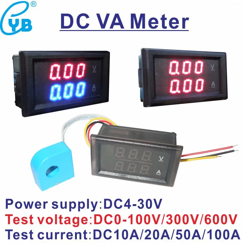 YB28VA DC измеритель напряжения тока 10A 20A 50A 100A 0-100 в 300 в 600 в светодиодный Вольтметр Амперметр Двойной амперметр ампер вольт