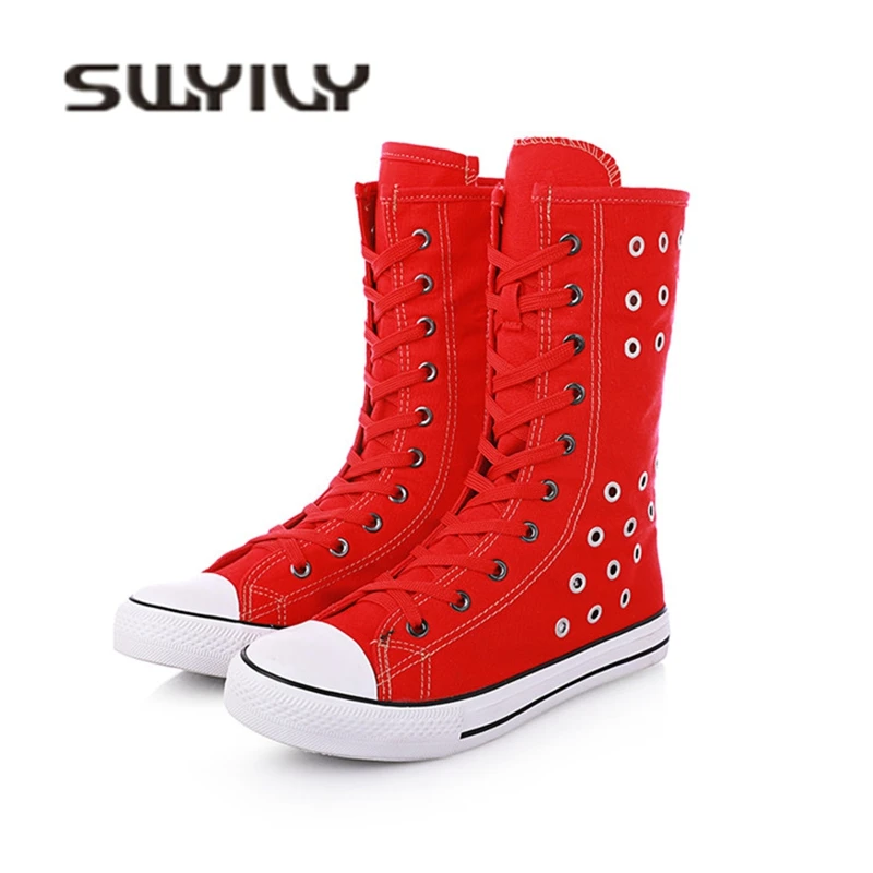 SWYIVY Woman Vulcanize Sneakers High Top Rivet Hallow Breathable 2018 Autumn Female Casual Shoes Zipper 43 Plus Size Sneakers