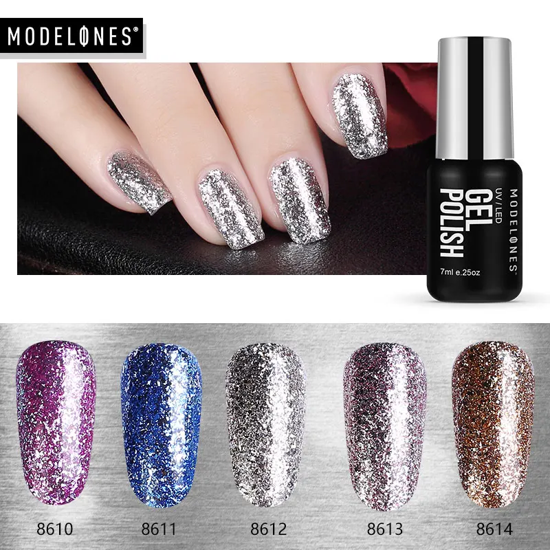  Modelones Newest Platinum Gel Nail Polish Super Shining Glitter UV Nail Gel Lacquer 7ML Diamond Sta