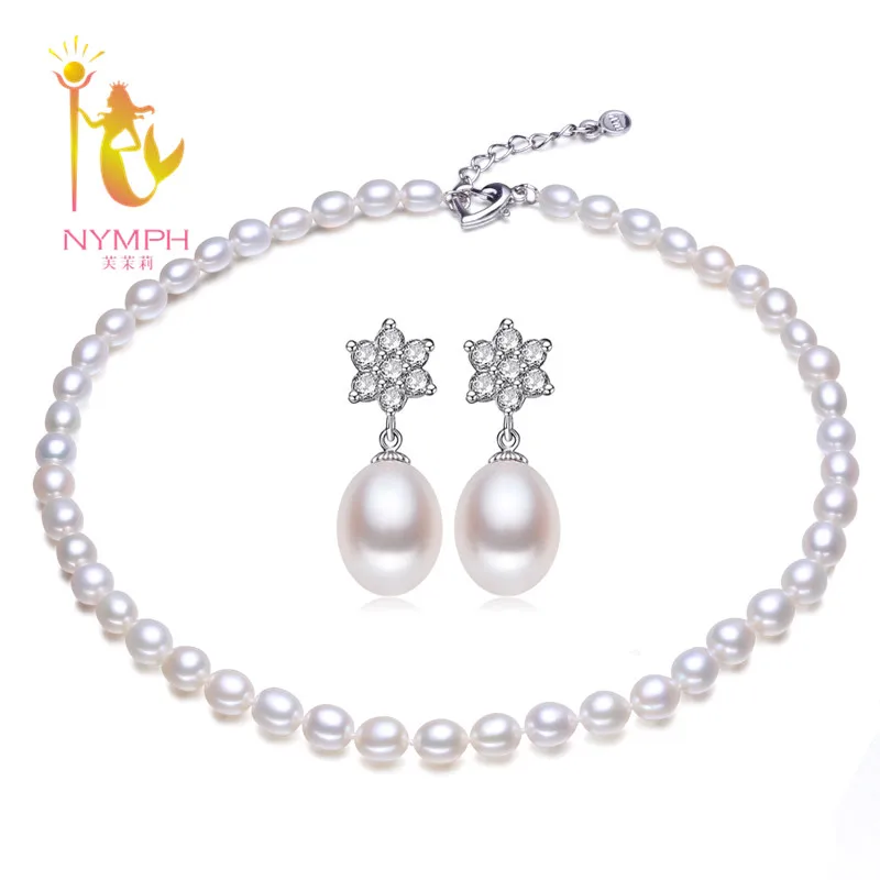 

[NYMPH ] Pearl Jewelry Set Fine Jewelry Natural Pearl Necklace and Earrings Sets 6-7mm White Trendy Birthday Gift for Women N06
