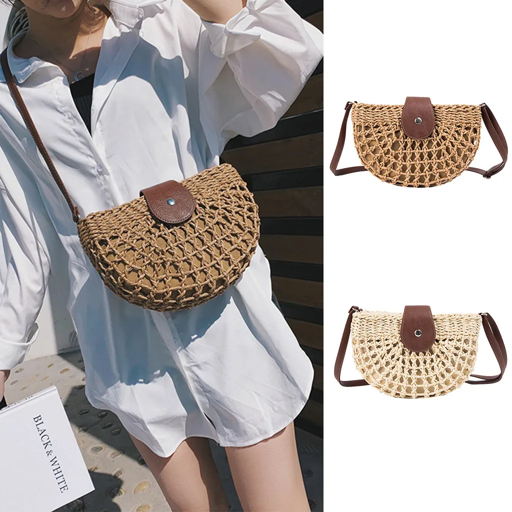 Leather semicircle Straw Bag Women Shoulder Summer beach dress weave Handbags High quality Wild Semi-circular Bag feminina