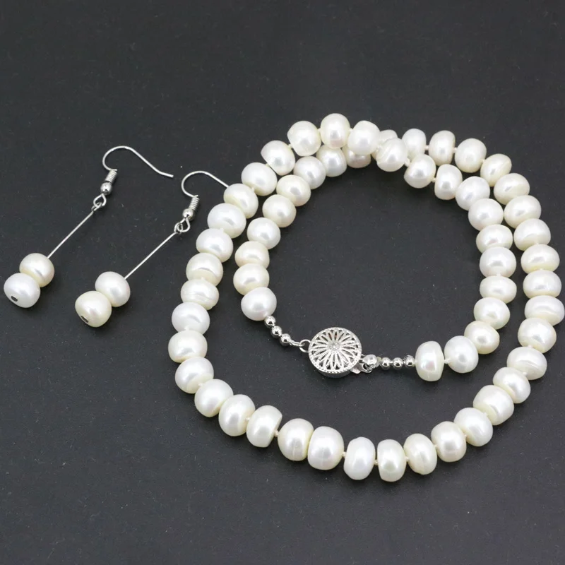 

9-10mm white pearl beads necklace earrings jewelry set for women natural freshwater pearls weddings party gifts jewels 18" B3453