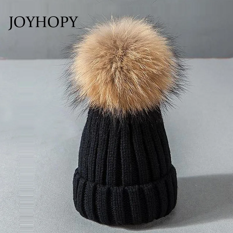 

JOYHOPY Baby Hat 15cm Real Raccoon Fur Ball Hat Child Children's Winter 2017 Hats For Girl Boys Winter Caps