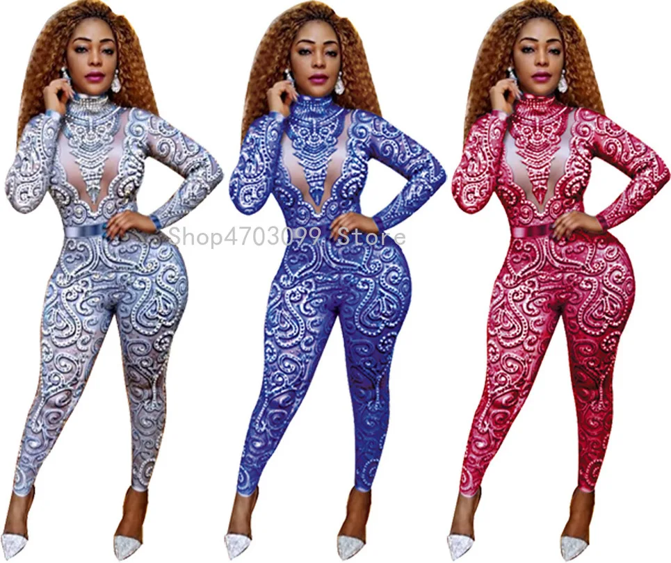 

African Jumpsuit For Women Digital Print Long Sleeve Skinny Rompers Jumpsuit Night Sexy Club Overalls Playsui Africa Clothing