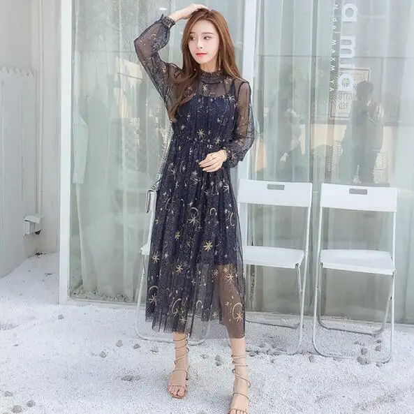 

Sexy Mesh Summer Dress Women 2019 Embroidered Star Pleated Dress Puff Sleeve Ladies Long Dresses Party Vestido Clothes DF743