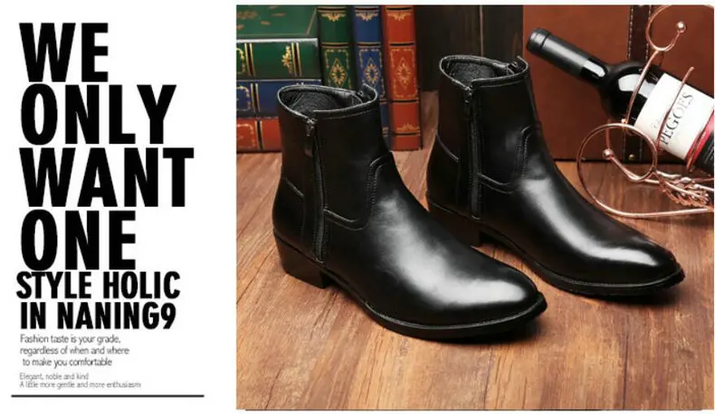 Men's Boots' Round Toe Ankle Boot Slip On Genuine Leather Snow Boots Men Winter Casual Chelsea Boots Black Mens Winter Shoes     (6)