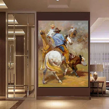 Oil Paintings Cowboys Herding the Cows Printed on Canvas 5