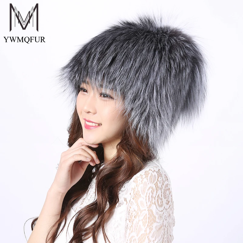 

YWMQFUR Winter fox fur hat for women natural silver fox fur bomer hat with fur pompom fashion russian outdoor warm fur hat H26