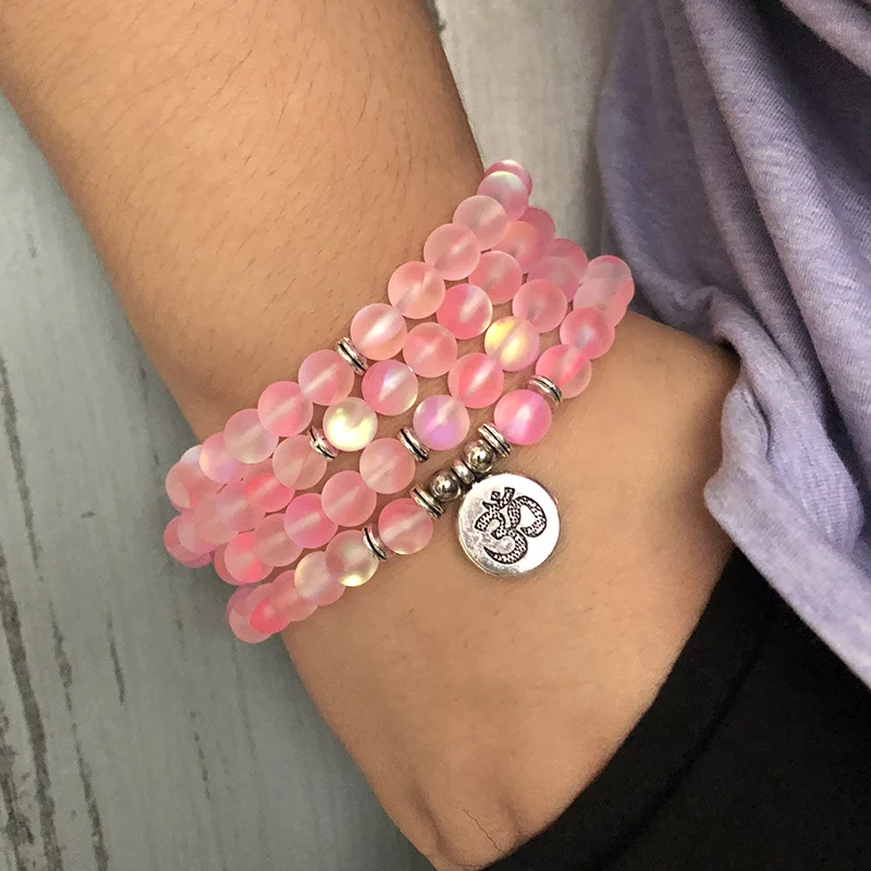 

Labradorite Main Stone and Necklaces Jewelry Mala 108 Yoga Om Necklace 8mm Matte Pink Labradorite bracelet For Women