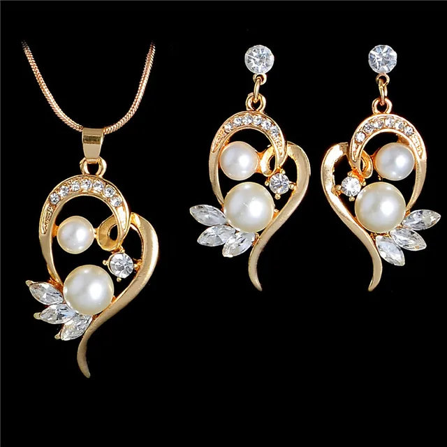Fashion Simulated Pearl Jewelry Sets For Wedding Cute Flower Stud Fashion Simulated Pearl Jewelry Sets For Wedding Cute Flower Stud Earrings Crystal Wings Pendant Necklace Gold
