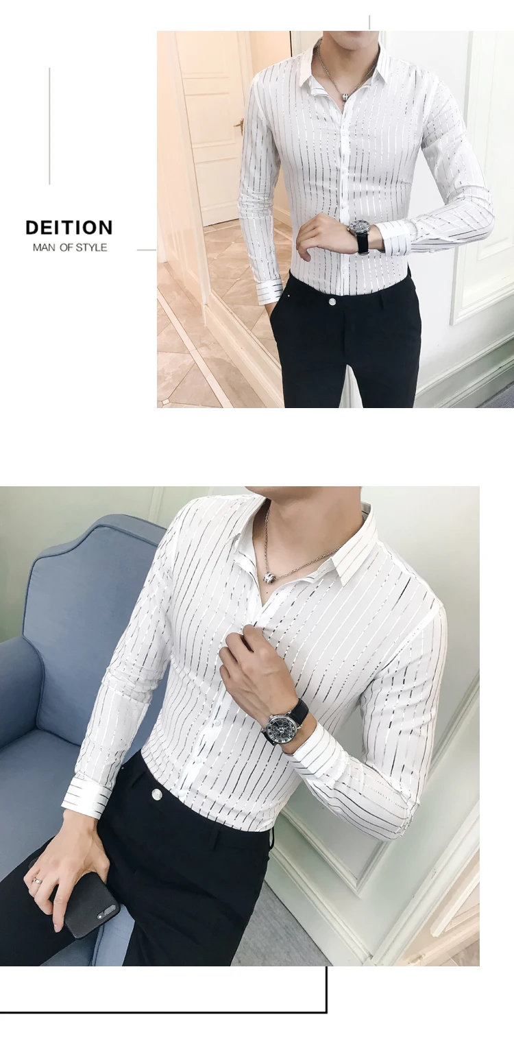 Популярные мужские деловые повседневные рубашки с длинными рукавами модные бронзовые полосатые мужские вечерние рубашки высокого качества