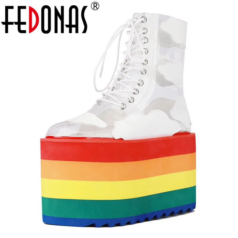 

FEDONAS 2019 Spring Summer New Round Toe Platform Women Mid-calf Boots Lace Up Print Pu Leather Plats Casual Party Shoes Woman