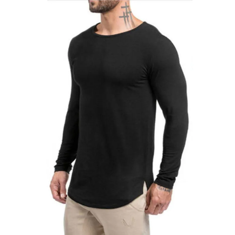 White t shirt Long Sleeve Top Sports Running Men Fitness Cotton