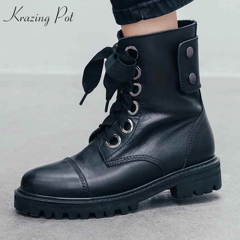 

krazing pot genuine leather med heels Winter round toe fashion runway lace up handmade black color punk style ankle boots l12