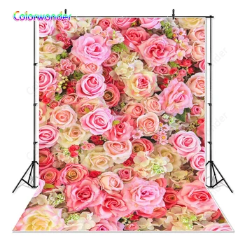 

Colorwonder Photography Background Pink Rose with Green Leaves 5x7ft Seamless Backdrop for Valentine's Day Weeding Party Prop