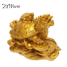KiWarm Gold Resin Feng Shui Dragon Turtle Tortoise Statue Figurine Coin Money Wealth Ornaments For Home Office