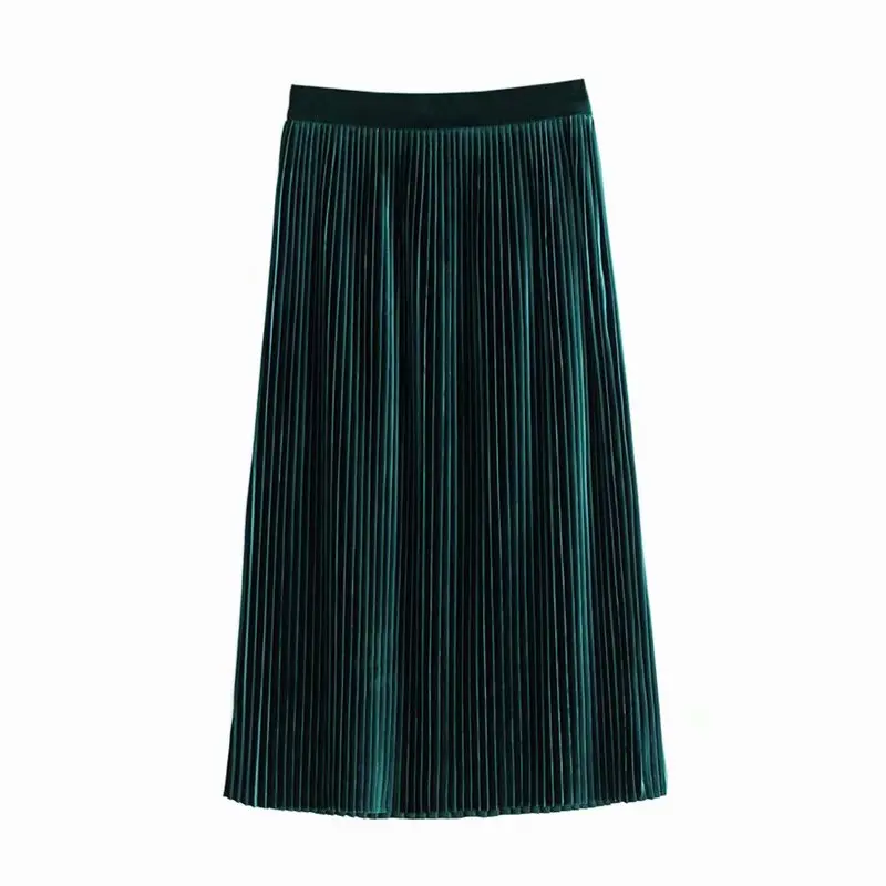 

Women Spring Autumn Velvet Pleated Midi Skirts Ladies Festival Elegant Party Skirt Girls Yellow-Green Thick Soft Warm Faldas