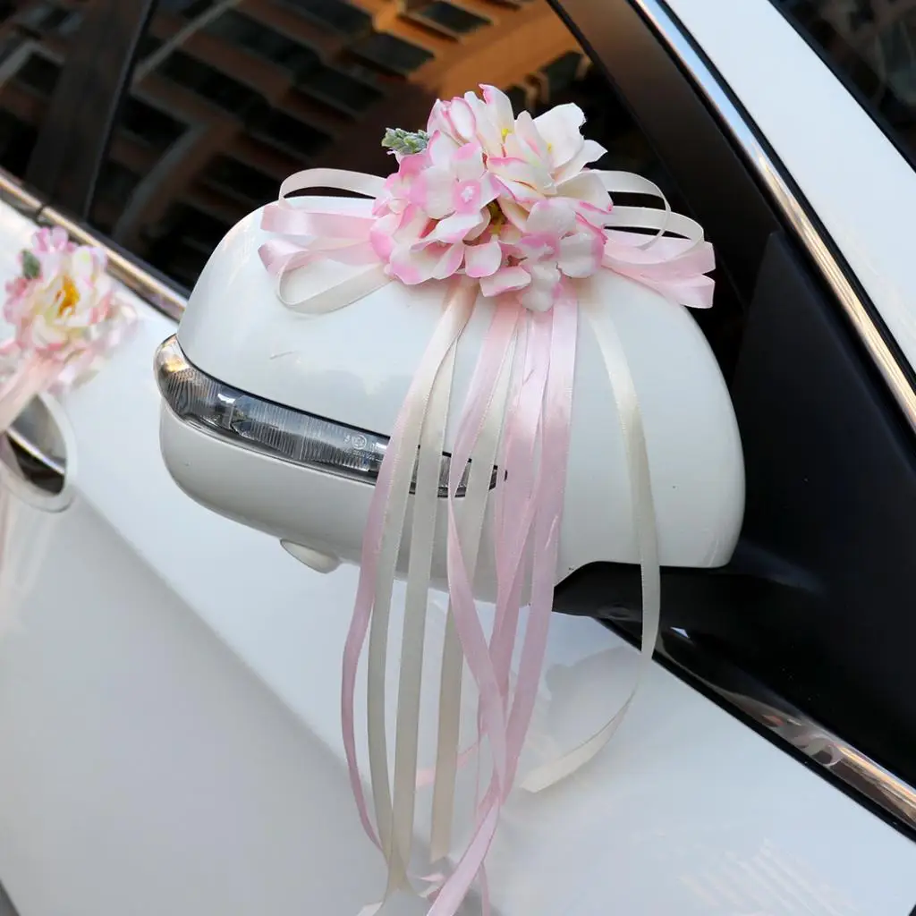 2pcs Artificial Ribbon Flowers Wedding Car Mirror Door Handles Decor Pink