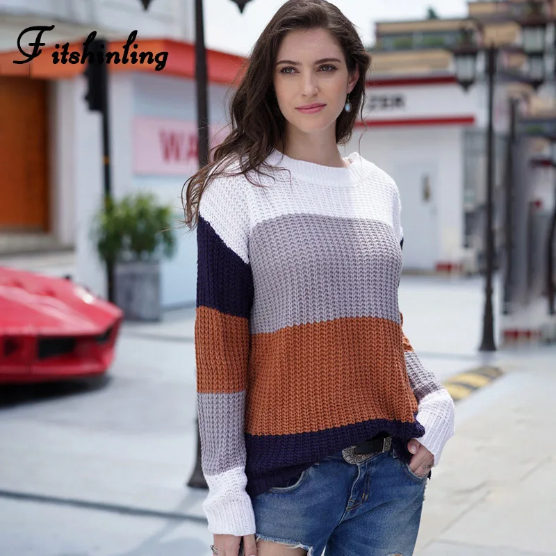 Fitshinling блок пэчворк пуловеры свитера для женщин Зимняя трикотажная одежда длинный рукав корейский женский свитер-пуловер - Цвет: brown