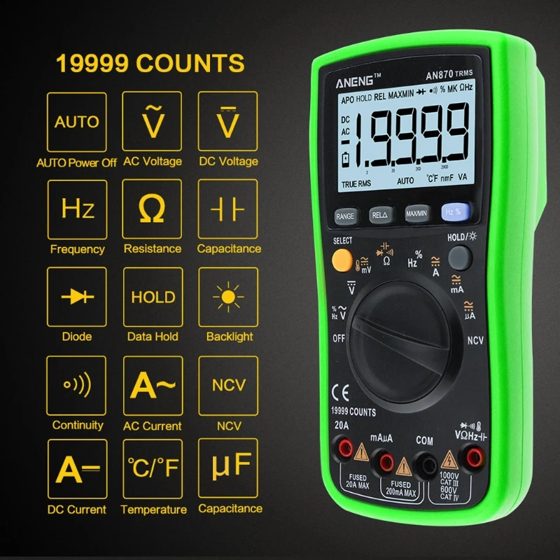 

AN870 Auto Range Digital Precision multimeter True-RMS 19999 COUNTS NCV Ohmmeter AC/DC Voltage Ammeter Transistor xianjia32
