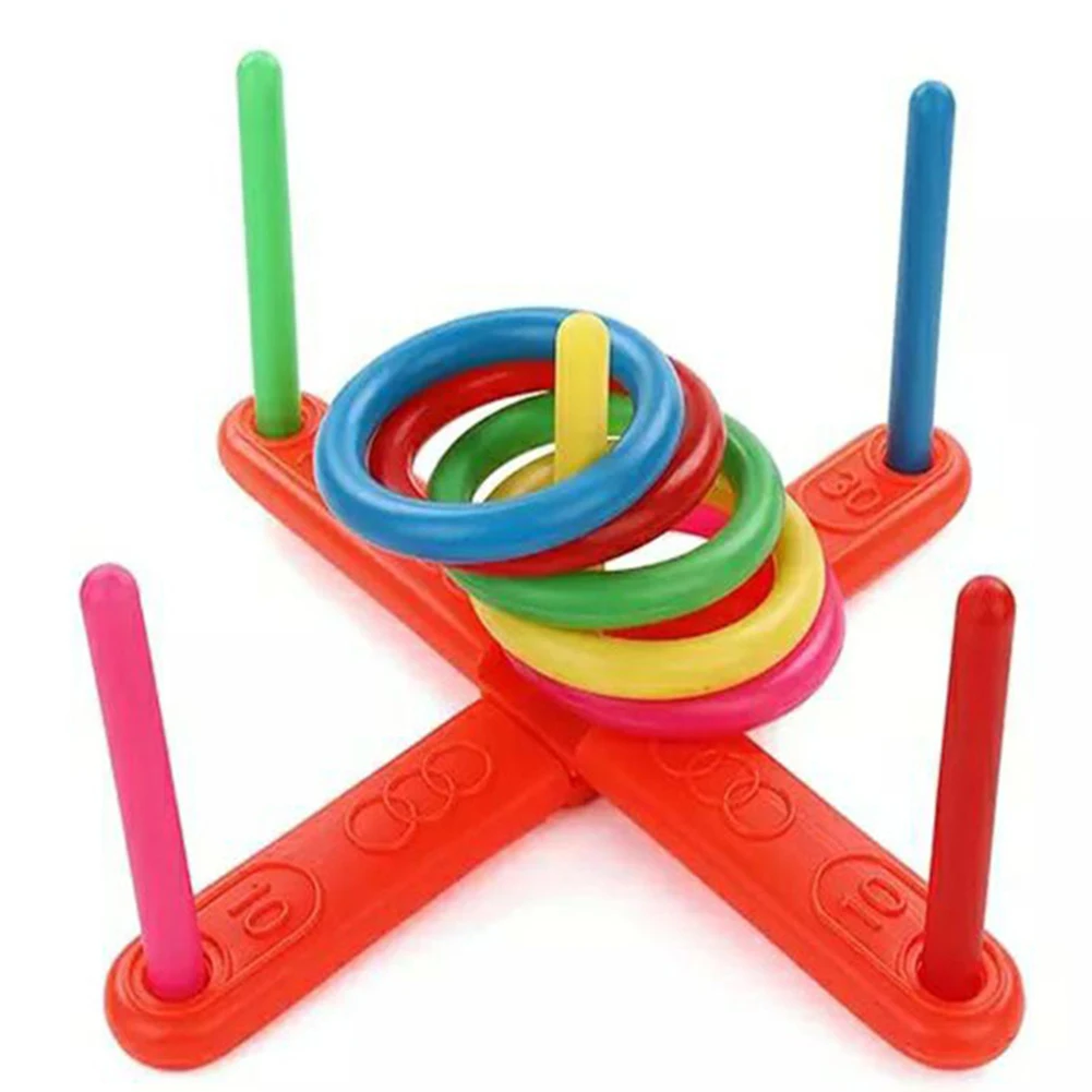

Outdoor Hoop Ring Toss Plastic 2 cross arms + 5 scoring spikes + 5 scoring rings Throwing Ring Toy Garden Game Pool Toy Fun Set