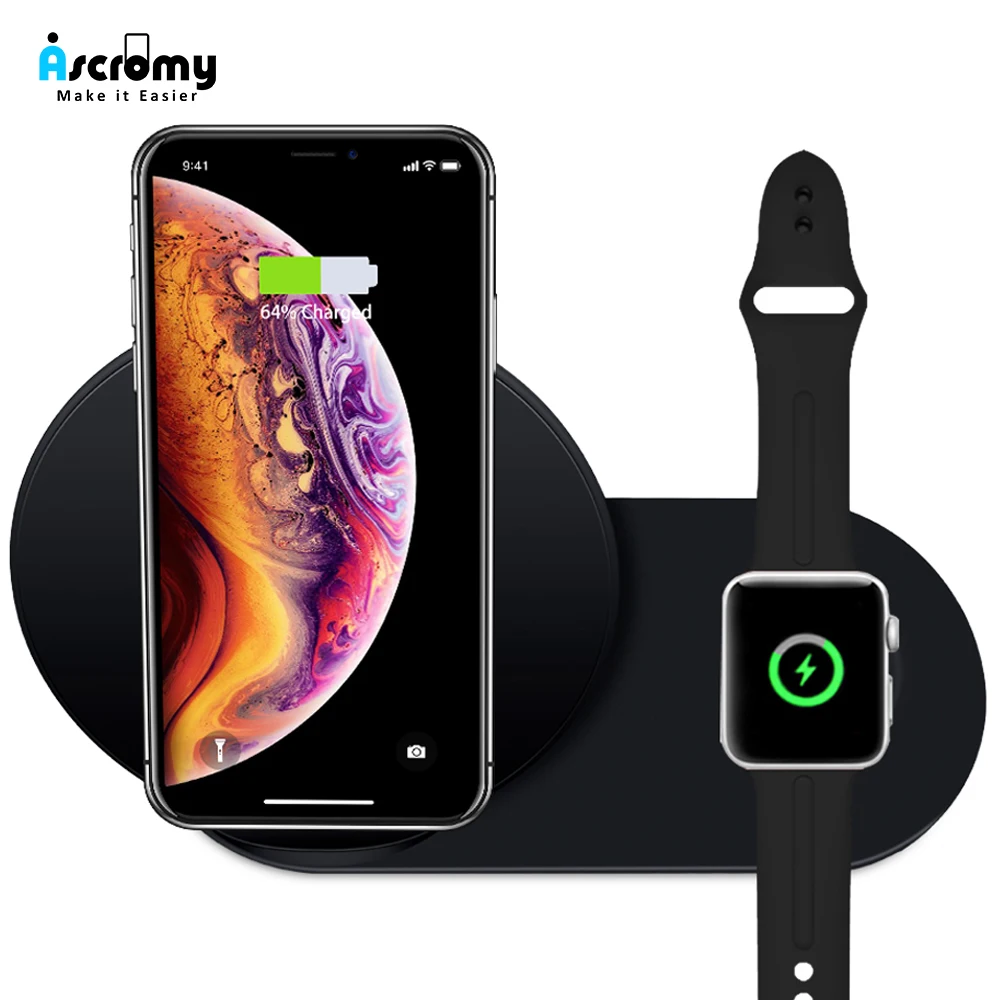 Беспроводное зарядное устройство Ascromy 2 в 1 для часов Apple watch Series 4 3 iPhone XS Max XR 8 Plus X